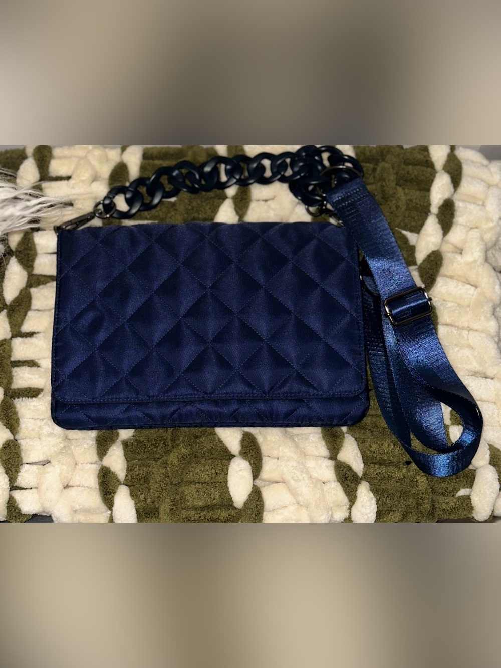 Haute Shore Navy Quilted Crossbody with Chain Accent
